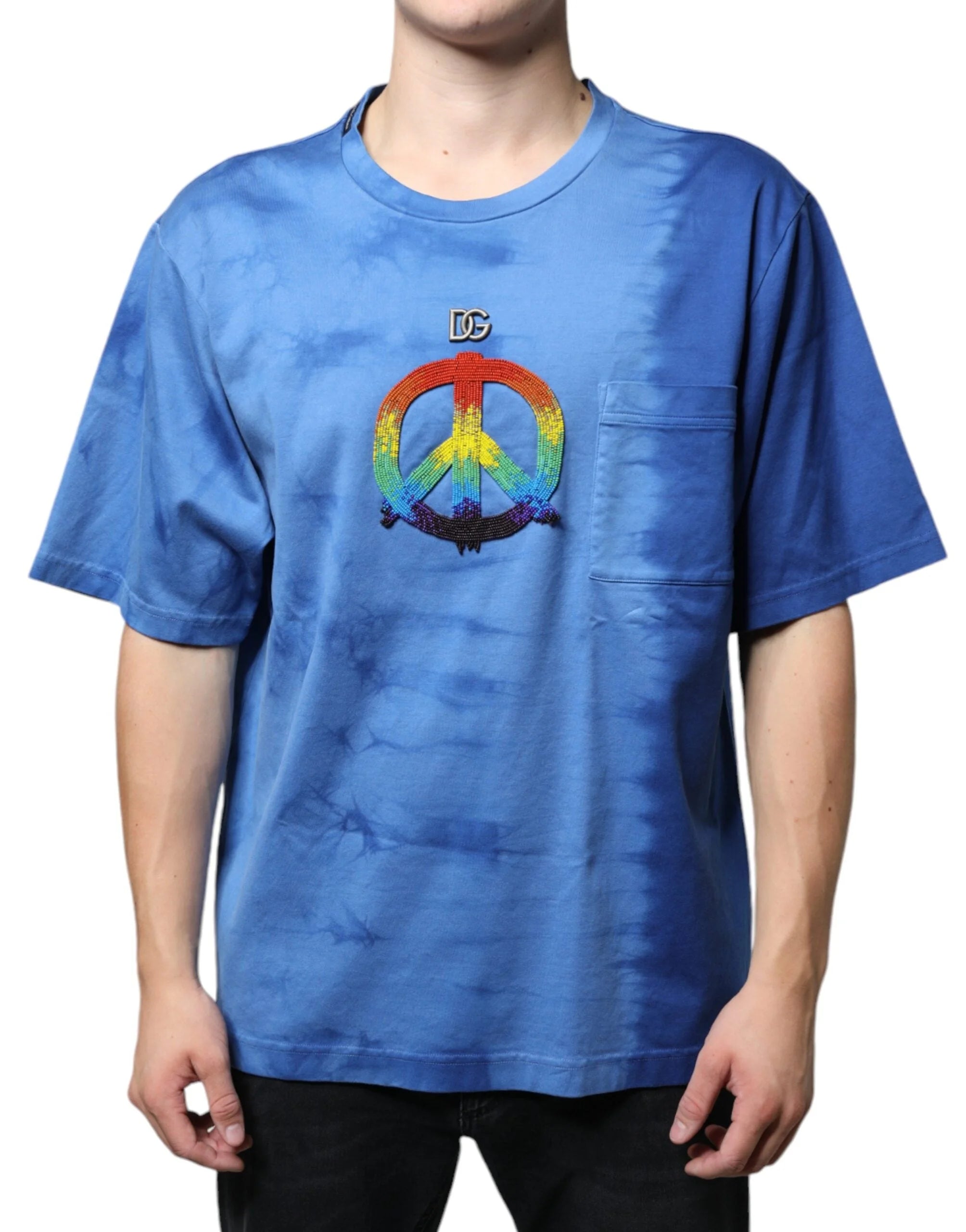 Dolce & Gabbana Blue Tie-Dye Peace Sign Cotton T-shirt - IT52 | XL - T-Shirts