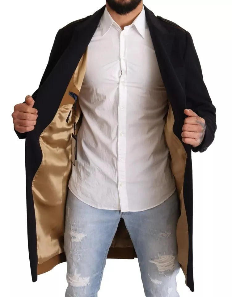 Dolce & Gabbana Blue Trench Coat Long Wool Stretch Jacket - Trench Coats