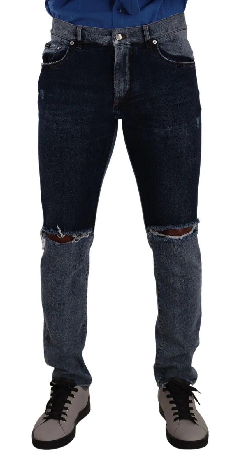 Dolce & Gabbana Blue Two Tone Tattered Cotton Slim Denim Jeans - IT48 | M - Jeans