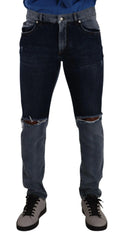 Dolce & Gabbana Blue Two Tone Tattered Cotton Slim Denim Jeans - IT48 | M - Jeans