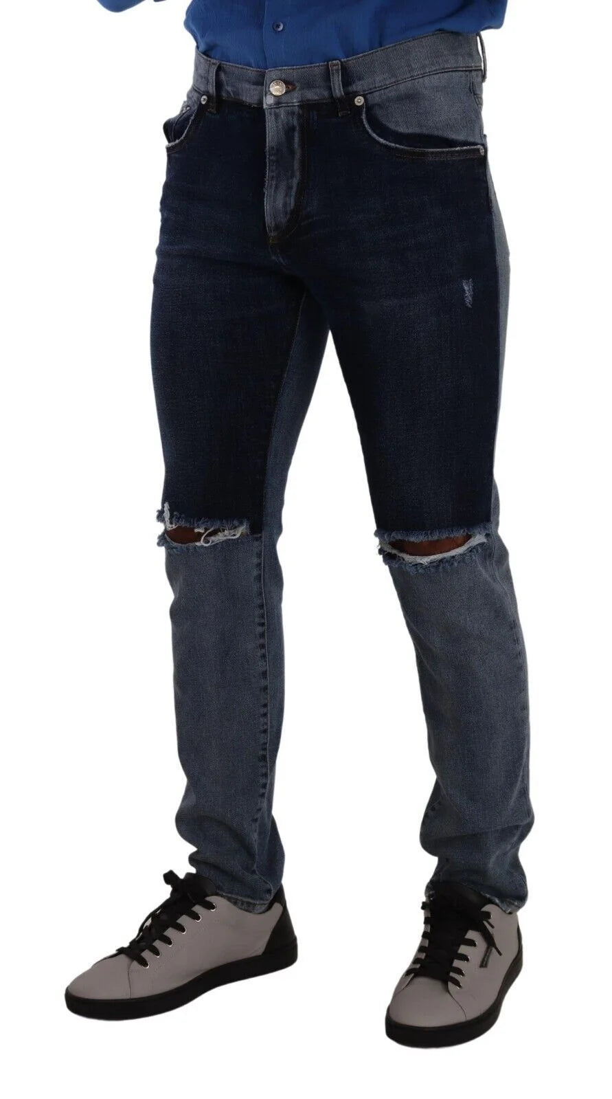 Dolce & Gabbana Blue Two Tone Tattered Cotton Slim Denim Jeans - IT48 | M - Jeans