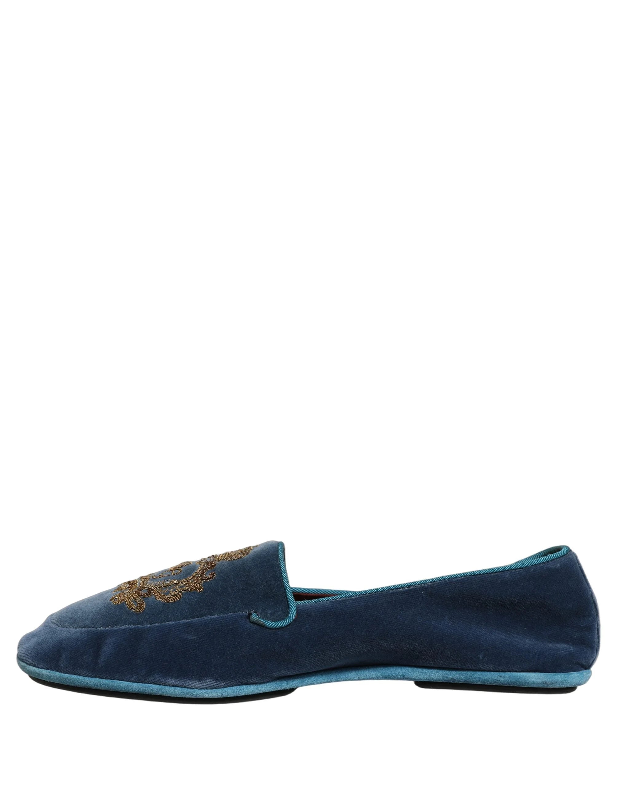 Dolce & Gabbana Blå Fløjlsloafers med Kronebroderi - EU44/US11