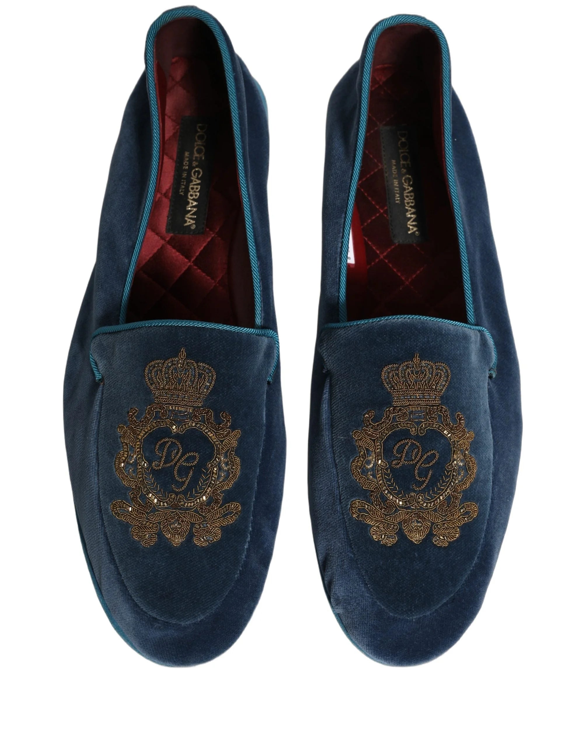 Dolce & Gabbana blå velour loafers med kronebroderi