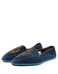 Dolce & Gabbana Blå Fløjlsloafers med Kronebroderi - EU44/US11