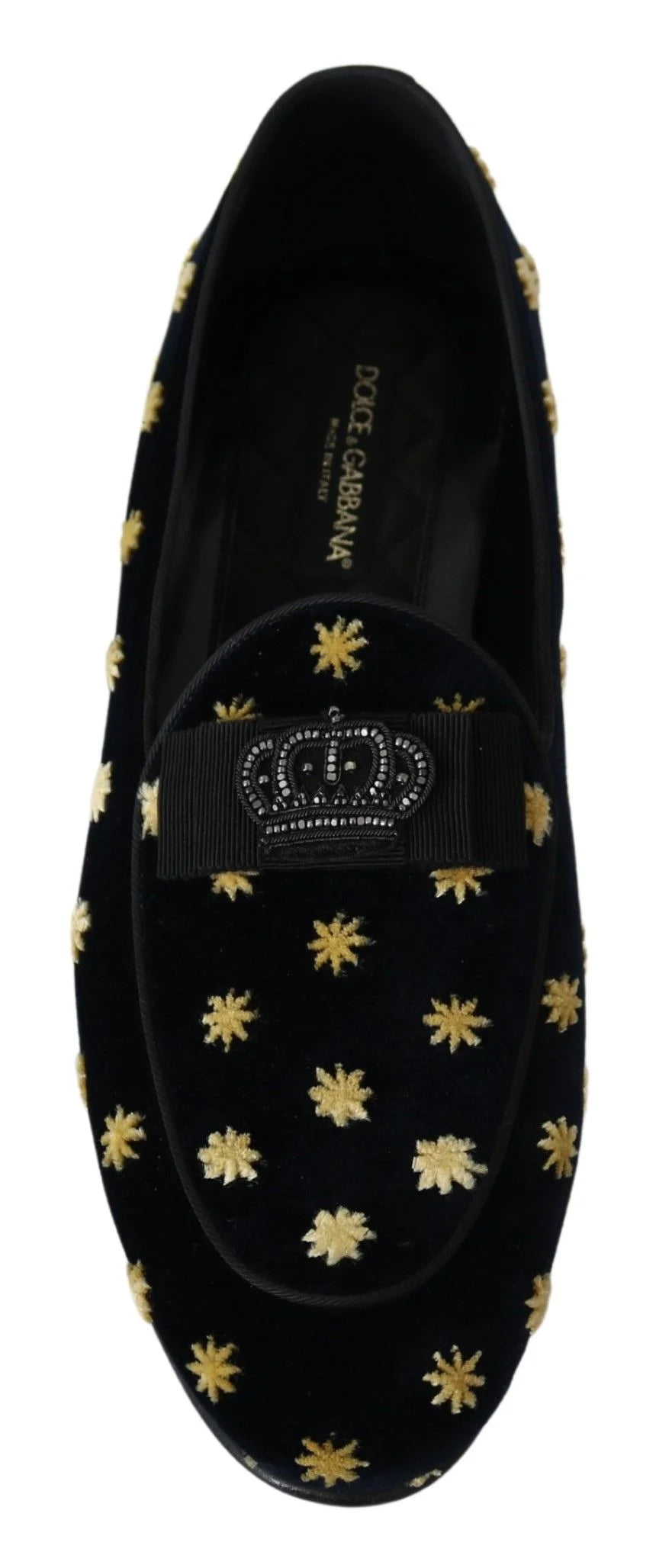 Top-down view of the Dolce & Gabbana formal shoes showcasing the quilted silk lining and branded leather insole.