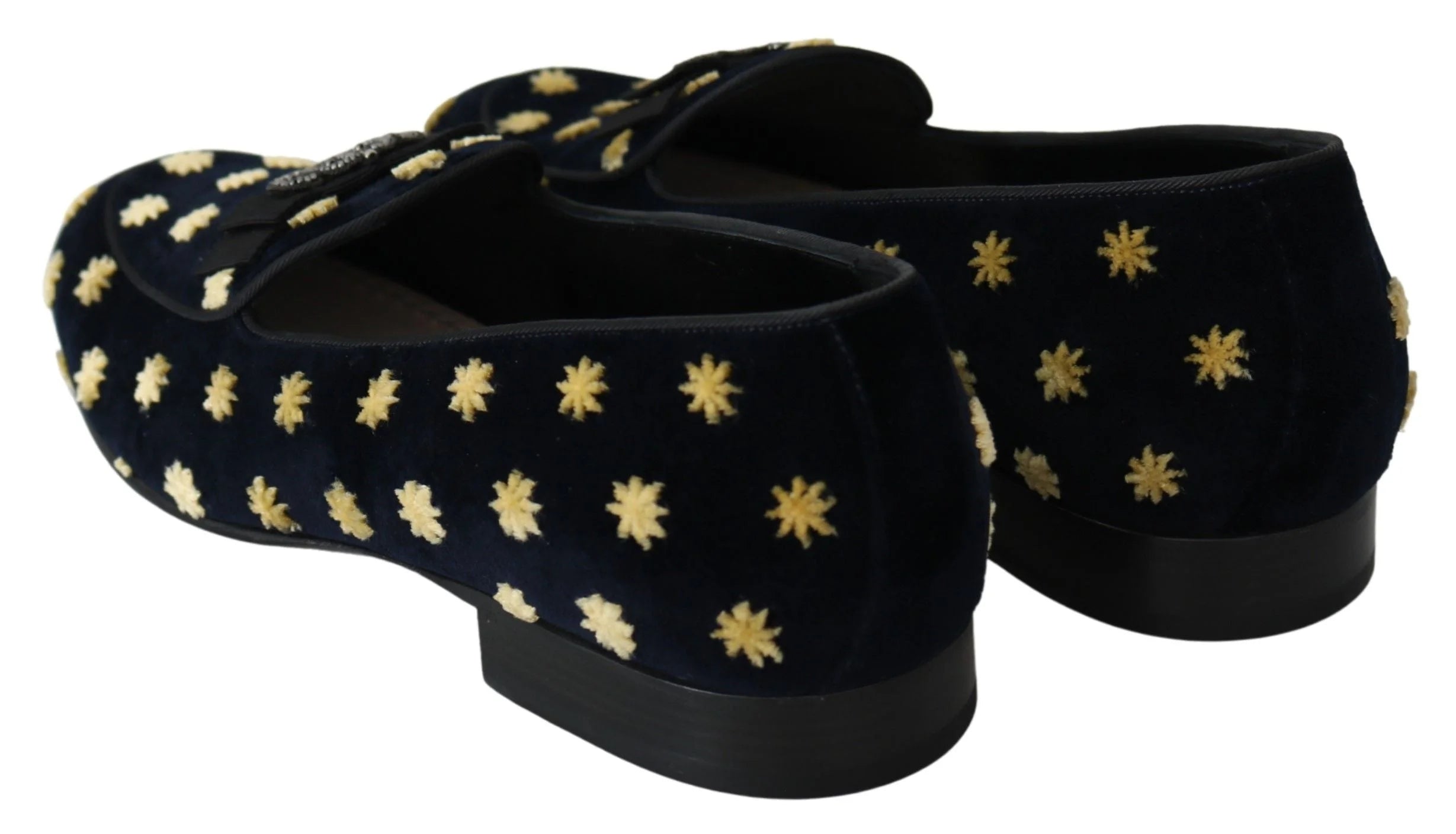 Dolce & Gabbana men's formal slippers in deep blue cotton velvet featuring an embroidered gold crown crest.