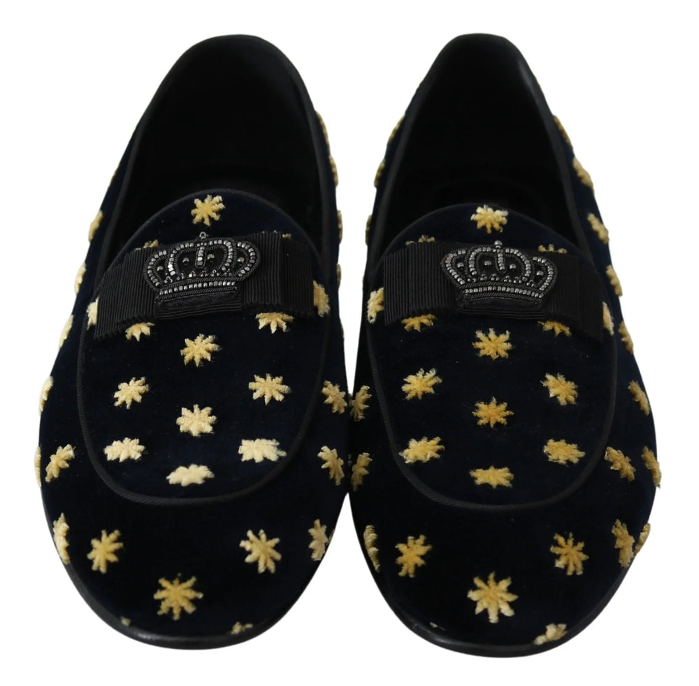 Dolce & Gabbana Blue Velvet Crown Slippers Loafers Shoes - EU39/US6 - Flats