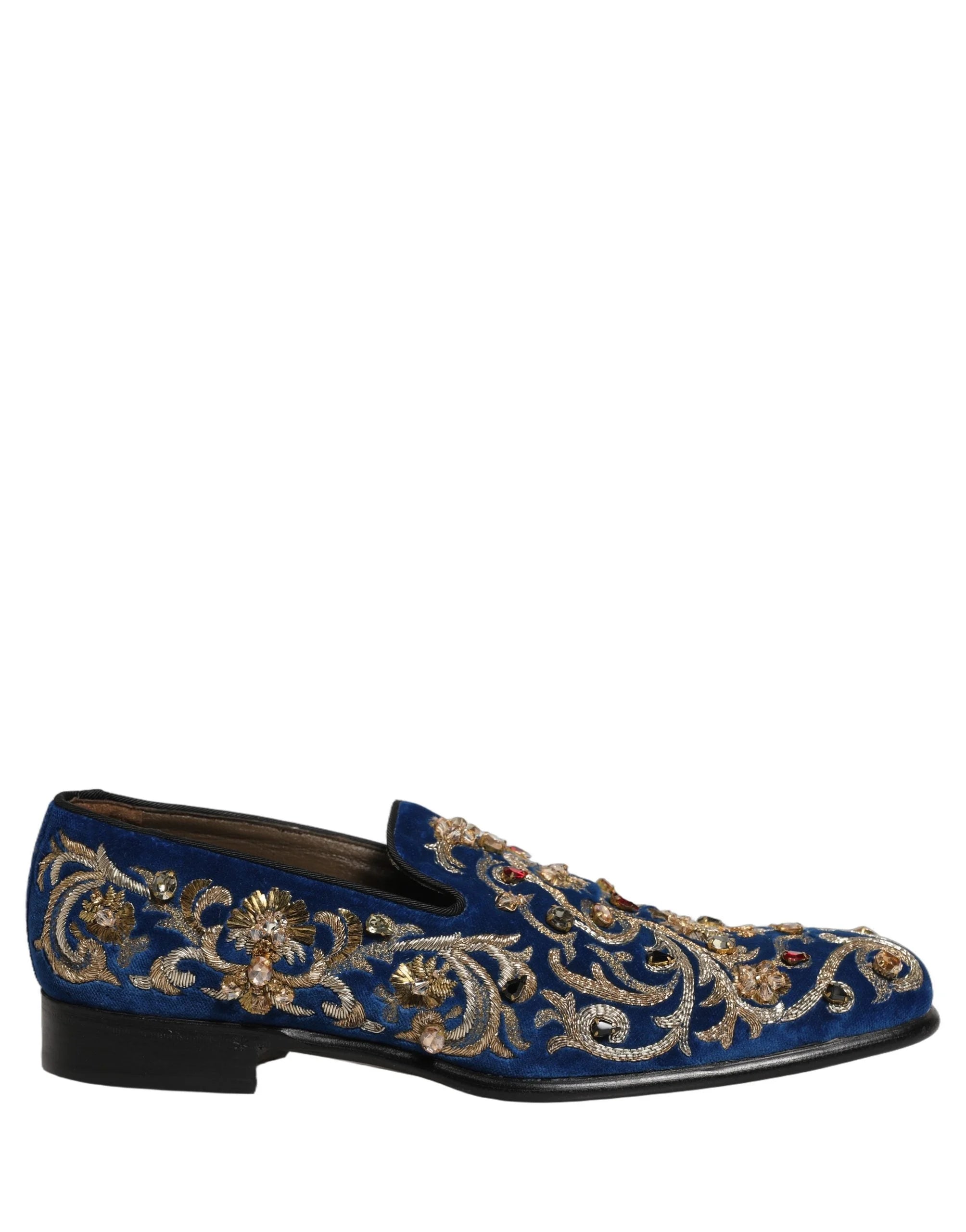 Dolce & Gabbana Blue Velvet Embellished Dress Loafers Shoes - EU44/US11