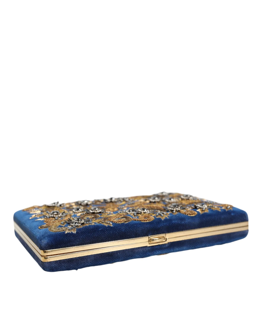 Dolce & Gabbana Blue Velvet Gold Frame Clutch Evening Party Purse Bag - Clutch Bags
