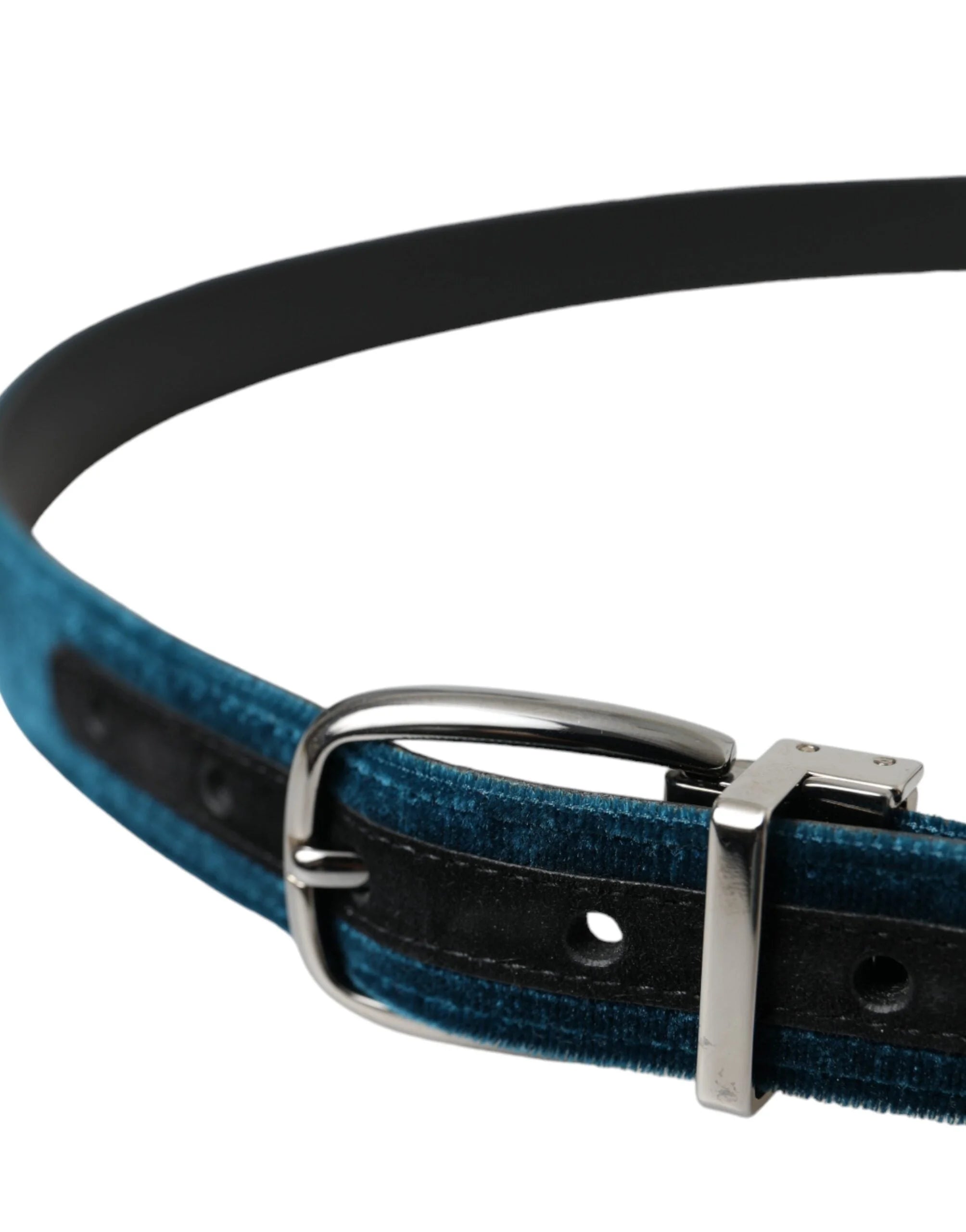 Dolce & Gabbana Blue Velvet Leather Silver Metal Buckle Belt - 95 cm / 38 Inches - Belts