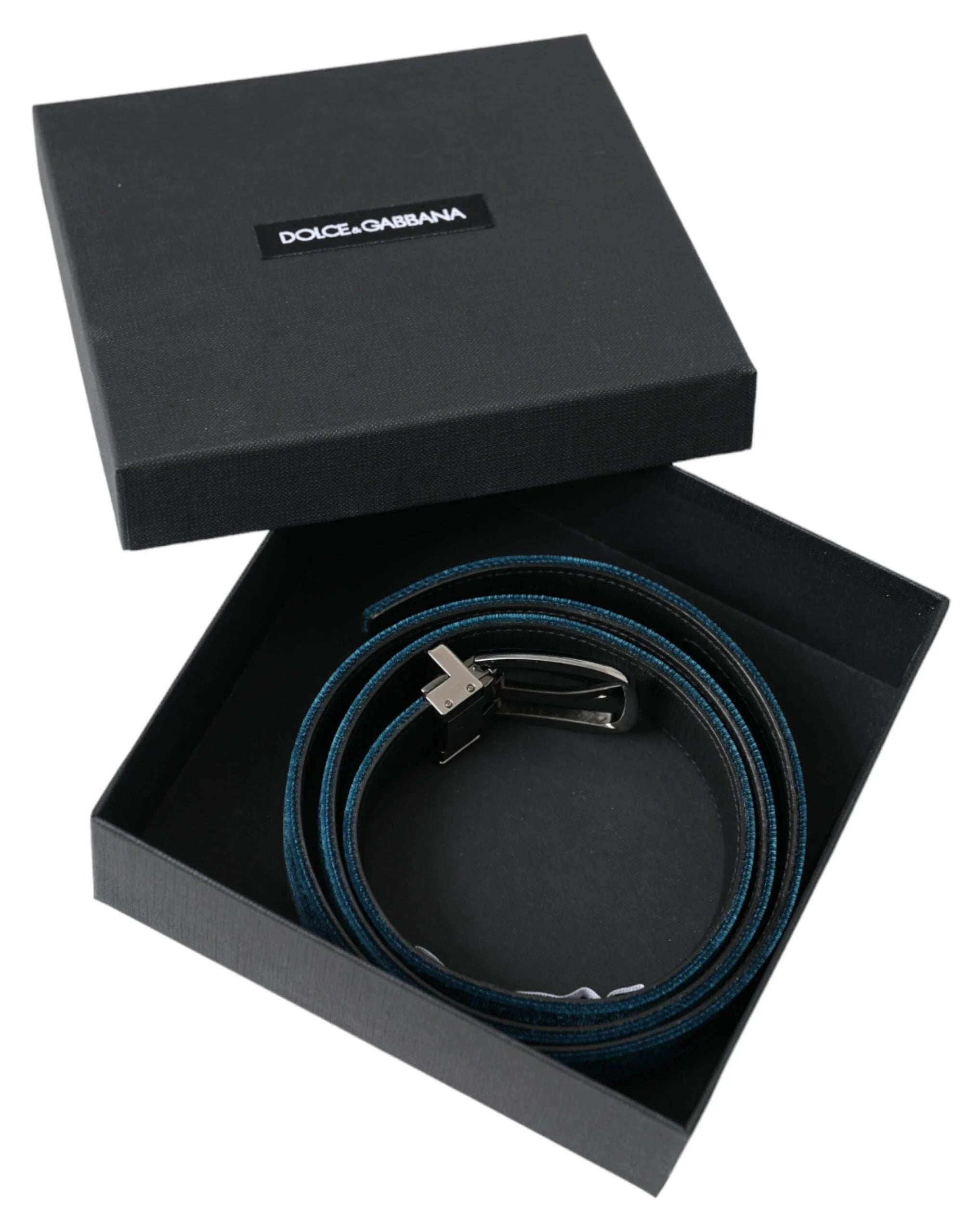 Dolce & Gabbana Blue Velvet Leather Silver Metal Buckle Belt - 95 cm / 38 Inches - Belts