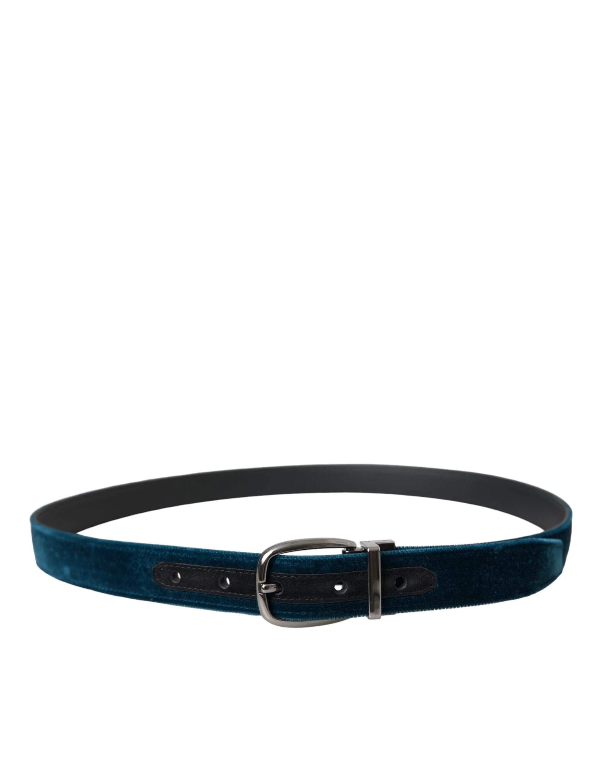 Dolce & Gabbana Blue Velvet Leather Silver Metal Buckle Belt - 95 cm / 38 Inches - Belts
