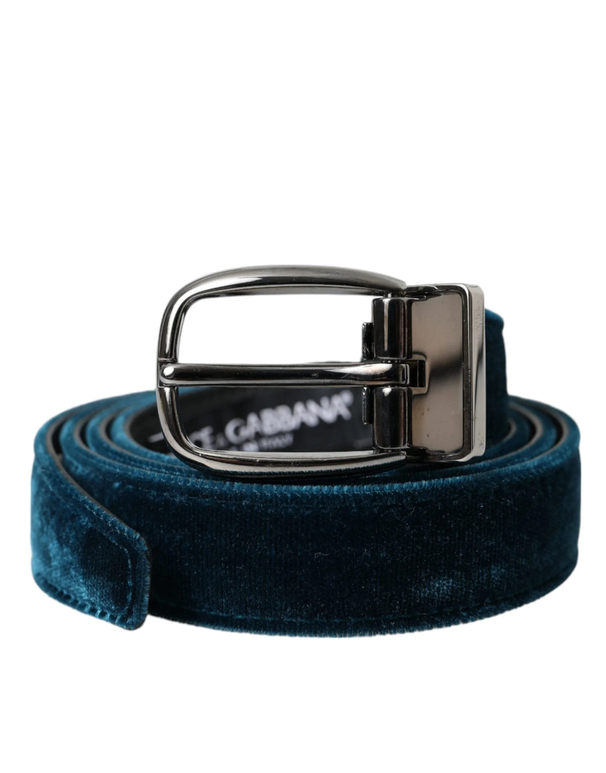 Dolce & Gabbana Blue Velvet Leather Silver Metal Buckle Belt - 95 cm / 38 Inches - Belts
