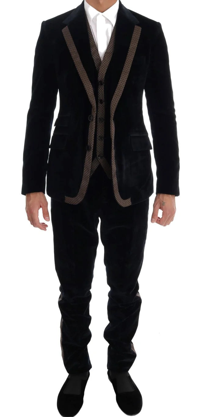 Dolce & Gabbana Blue Velvet Two Button Slim 3 Piece Suit - IT46 | S - Pant Suits