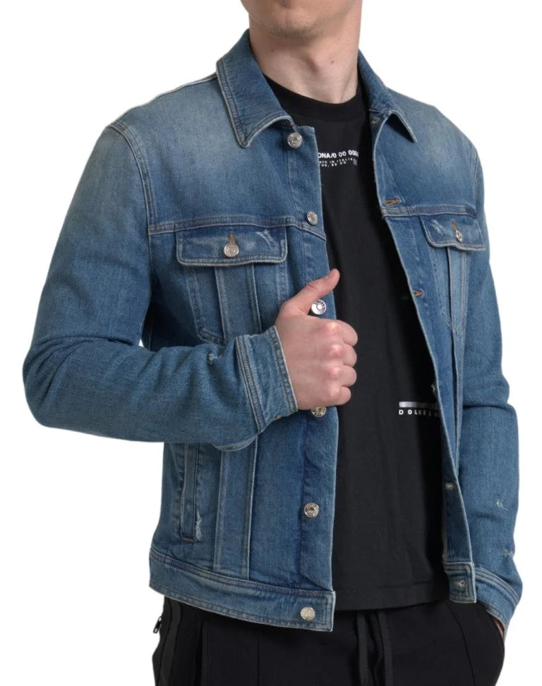 Dolce & Gabbana Blue Washed Cotton Stretch Denim Men Jacket - IT50 | L - Trucker Jackets