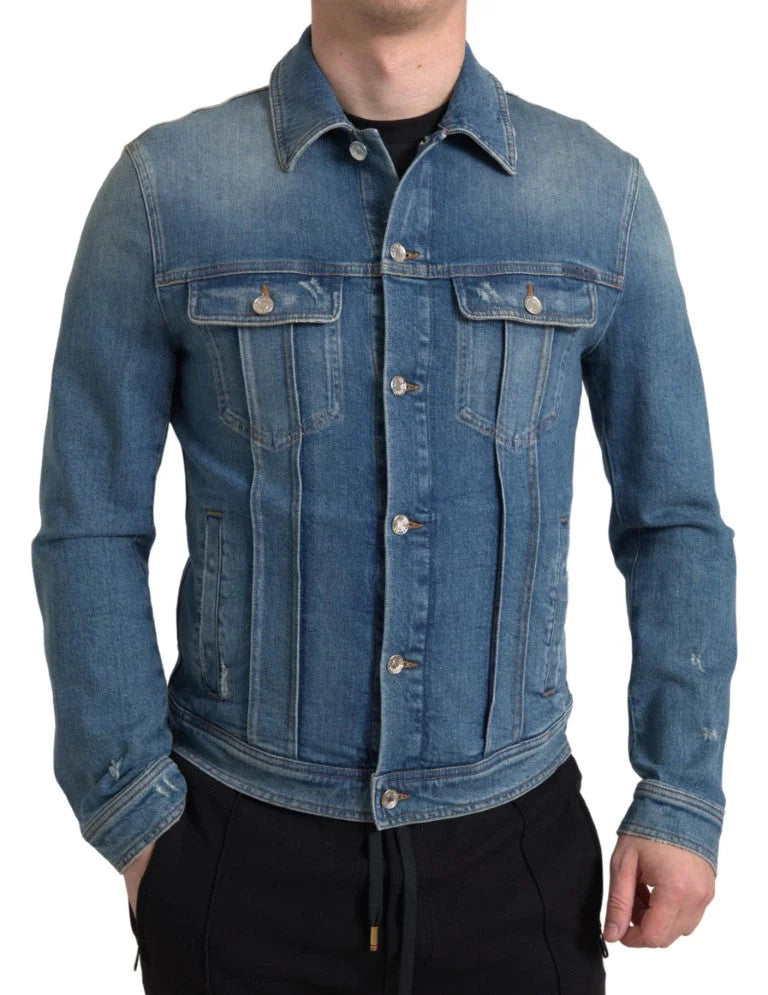 Dolce & Gabbana Blue Washed Cotton Stretch Denim Men Jacket - IT50 | L - Trucker Jackets