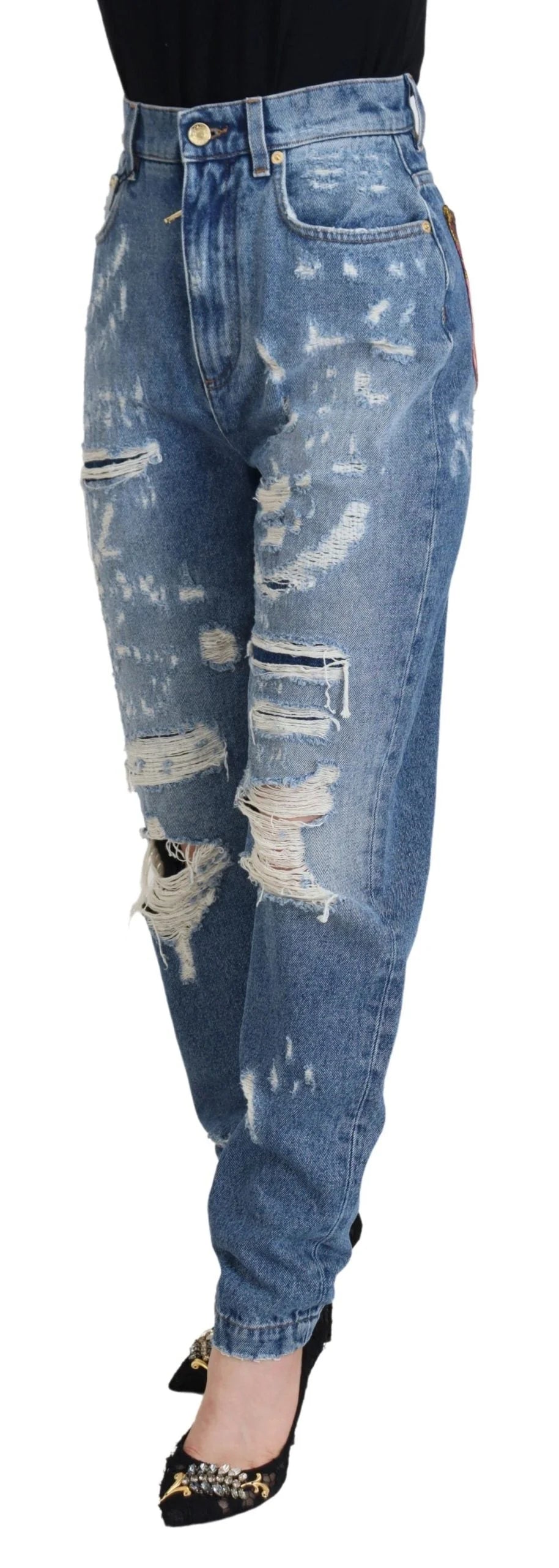 Dolce & Gabbana Blue Washed Cotton Tattered Denim Jeans - IT36|XXS - Jeans