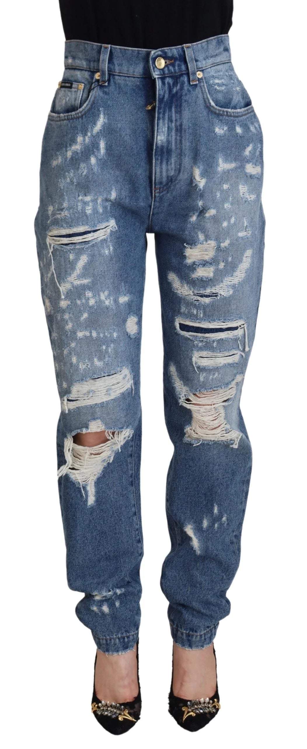Dolce & Gabbana Blue Washed Cotton Tattered Denim Jeans - IT36|XXS - Jeans
