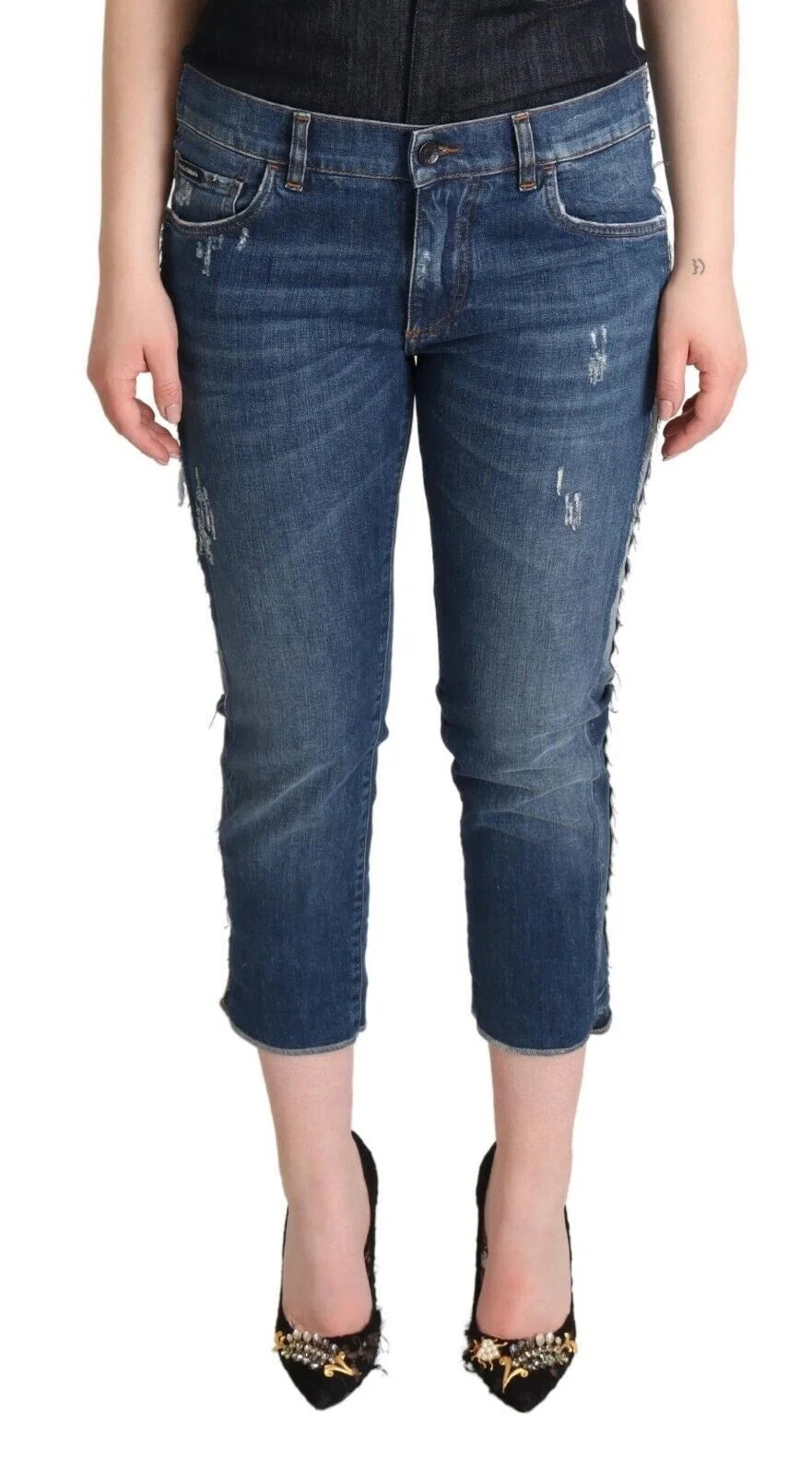 Dolce & Gabbana Blue Washed Mid Waist Denim Logo Cropped Jeans - IT40|S - Jeans