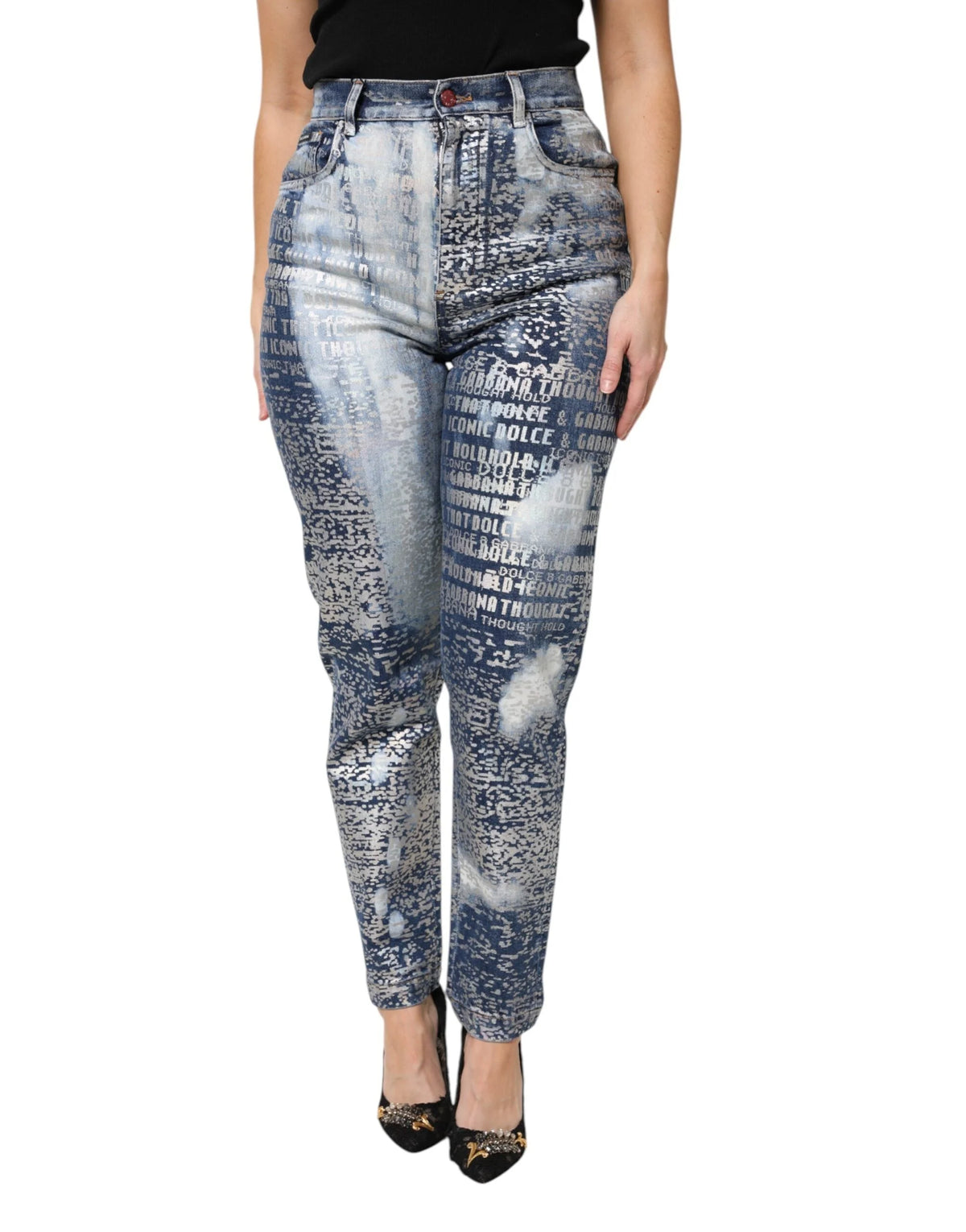Dolce & Gabbana Blue Washed Print High Waist Denim Jeans - Jeans