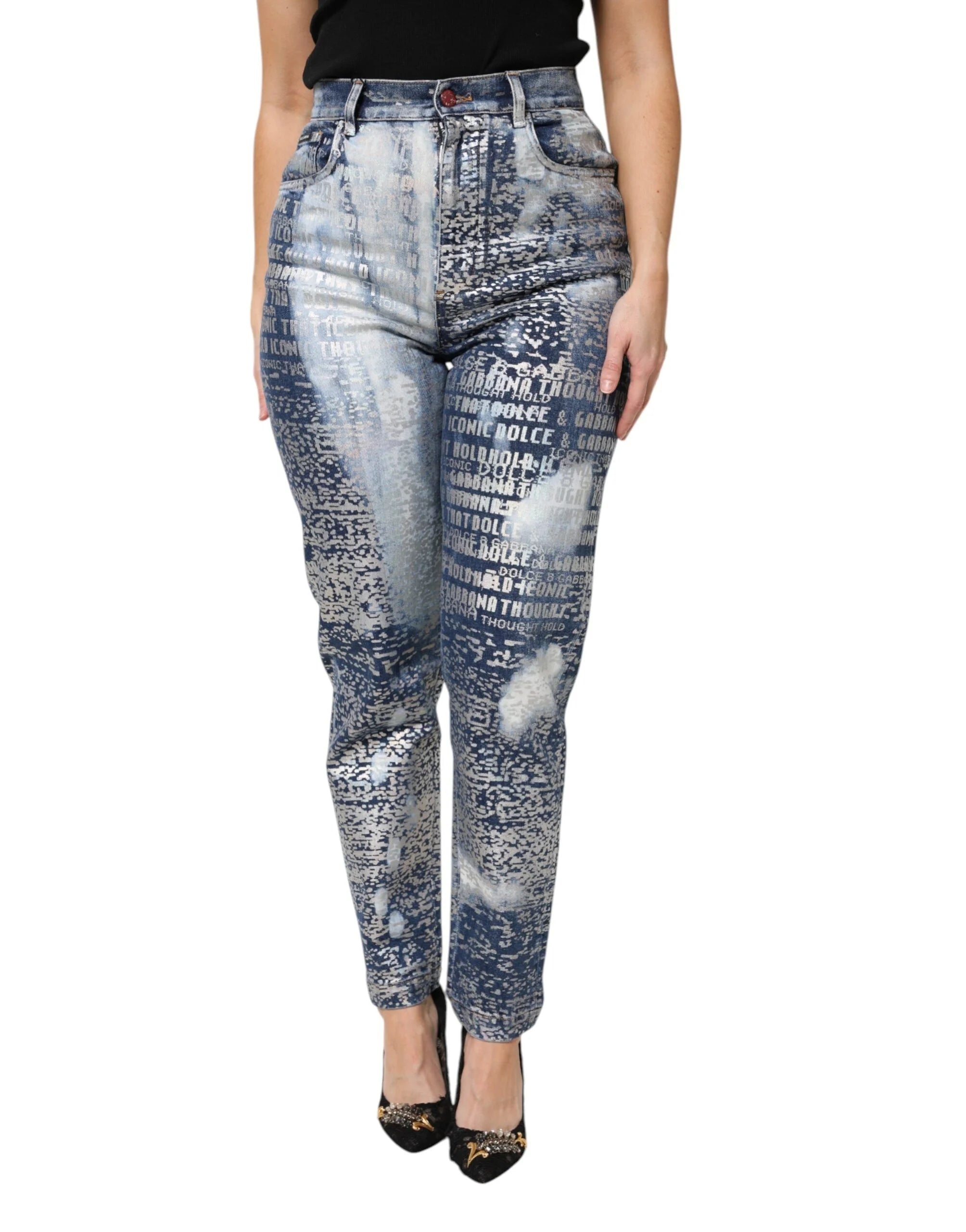 Dolce & Gabbana Blue Washed Print High Waist Denim Jeans - Jeans