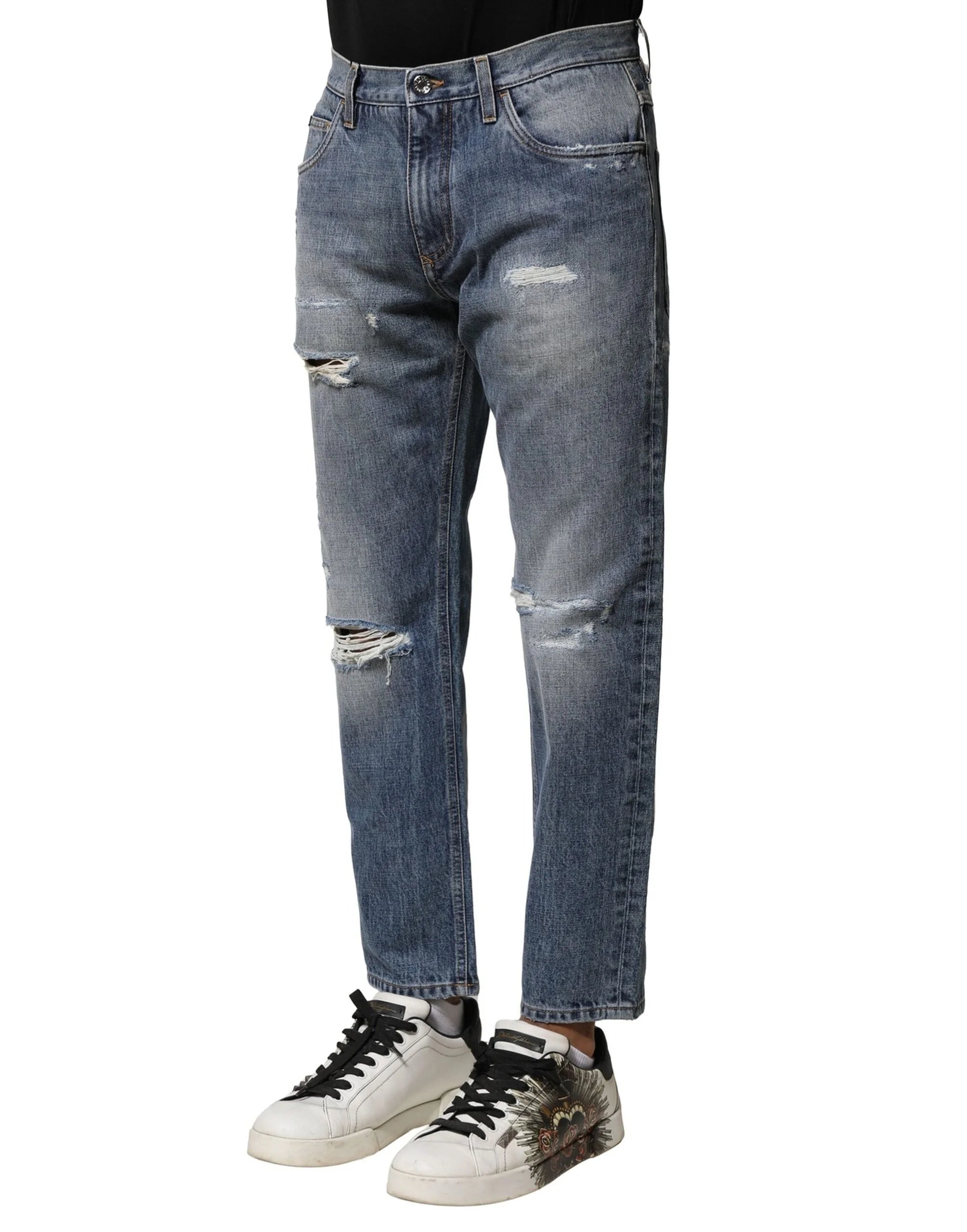 Dolce & Gabbana Blue Washed Tattered Straight Fit Denim Jeans - IT44 | XS - Jeans