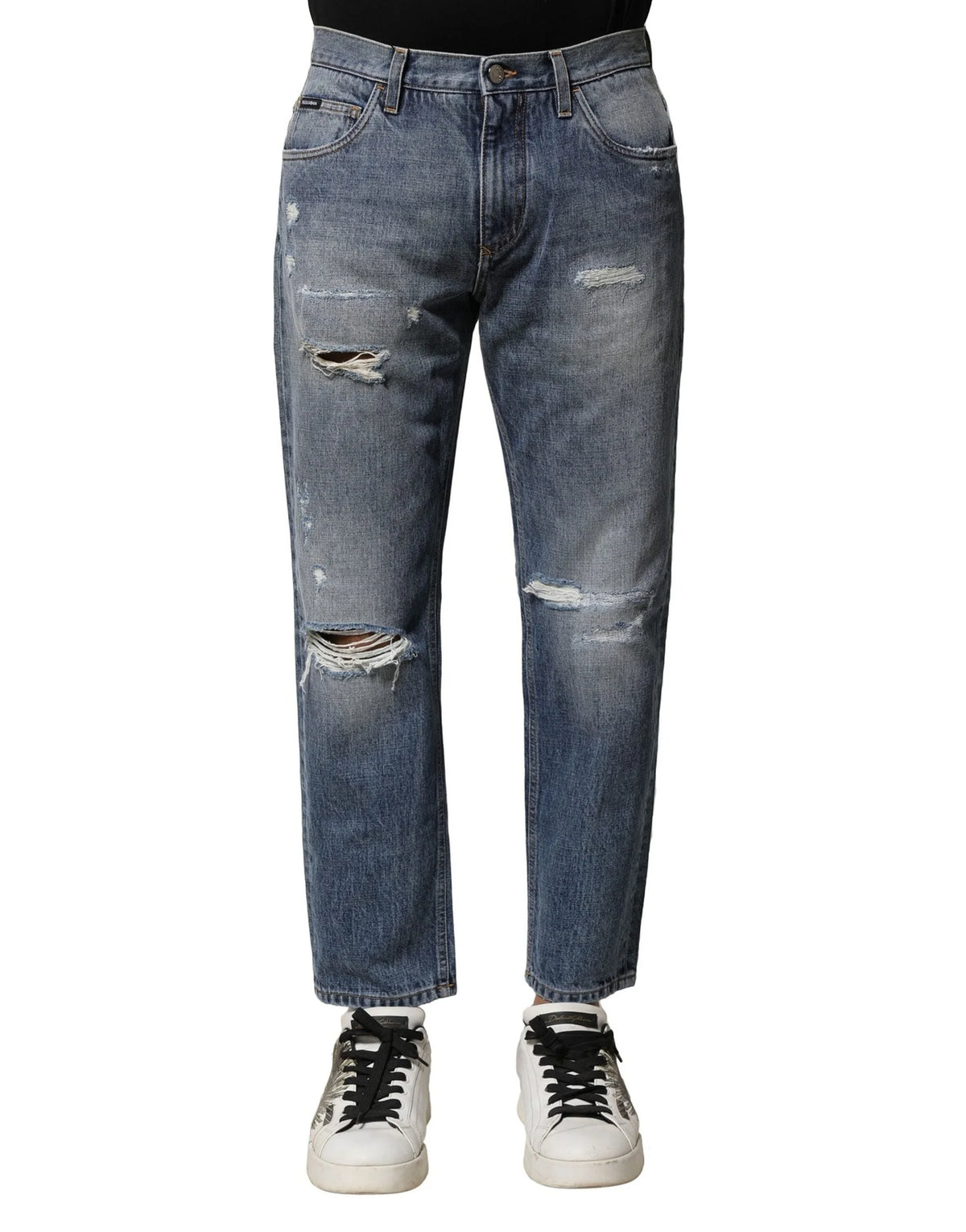Dolce & Gabbana Blue Washed Tattered Straight Fit Denim Jeans - IT44 | XS - Jeans
