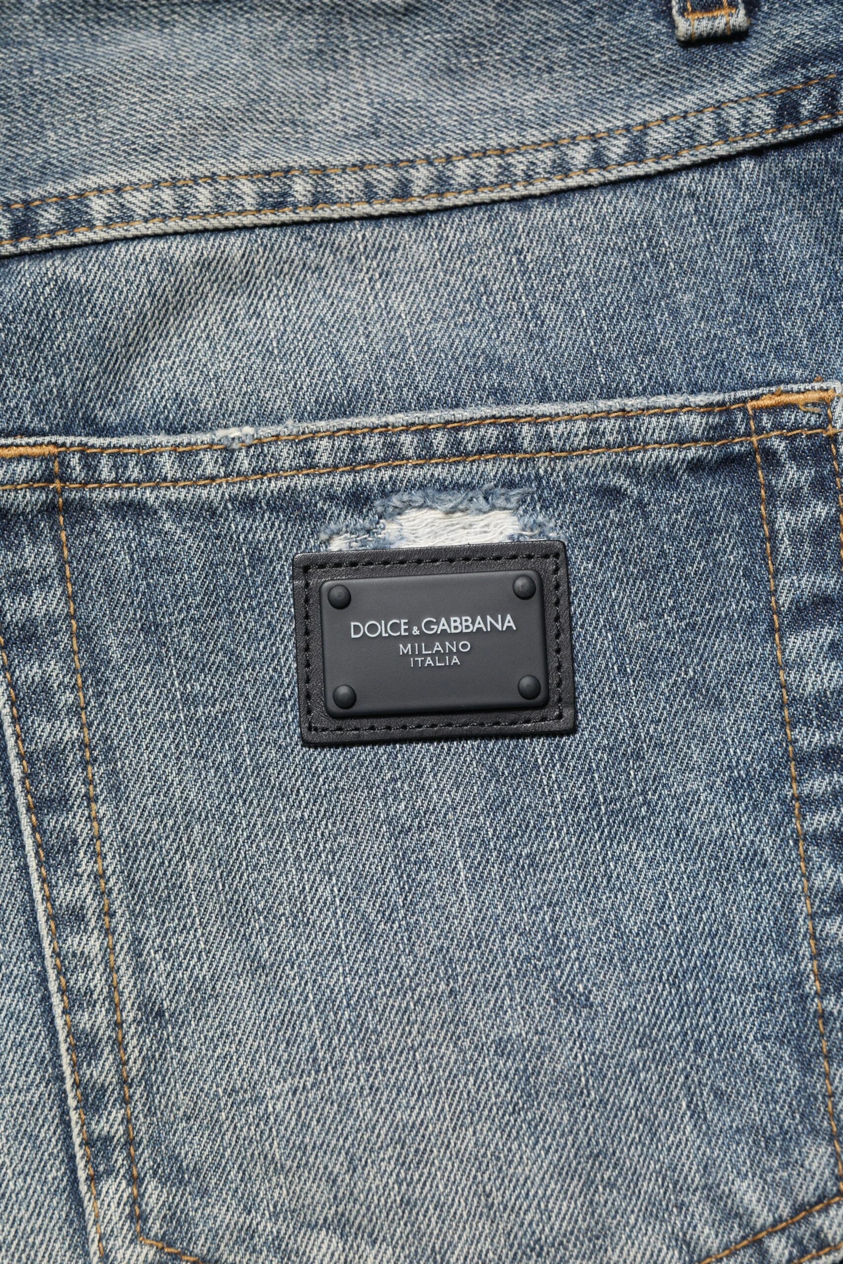 Dolce & Gabbana Blue Washed Tattered Straight Fit Denim Jeans - IT44 | XS