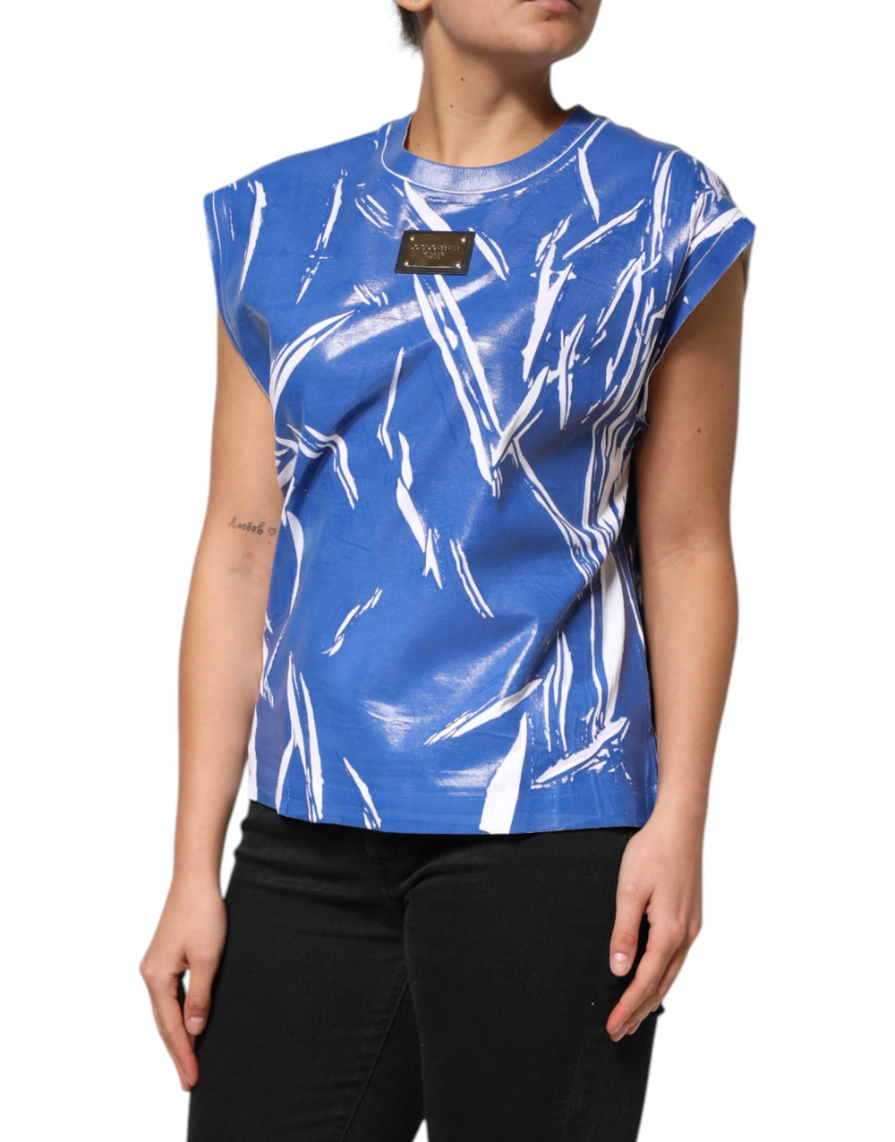 Dolce & Gabbana Blue White Cotton Logo Plaque Women Tank Top - IT42|M - Tank Tops