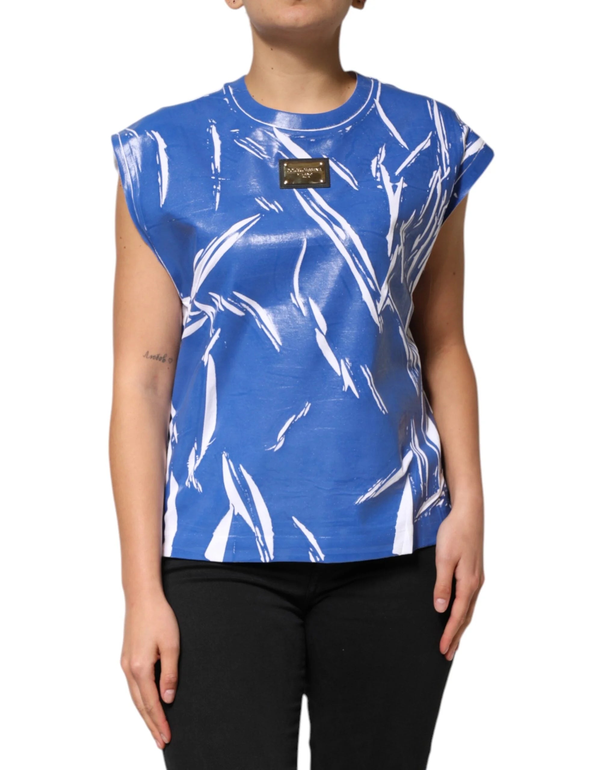 Dolce & Gabbana Blue White Cotton Logo Plaque Women Tank Top - IT42|M - Tank Tops