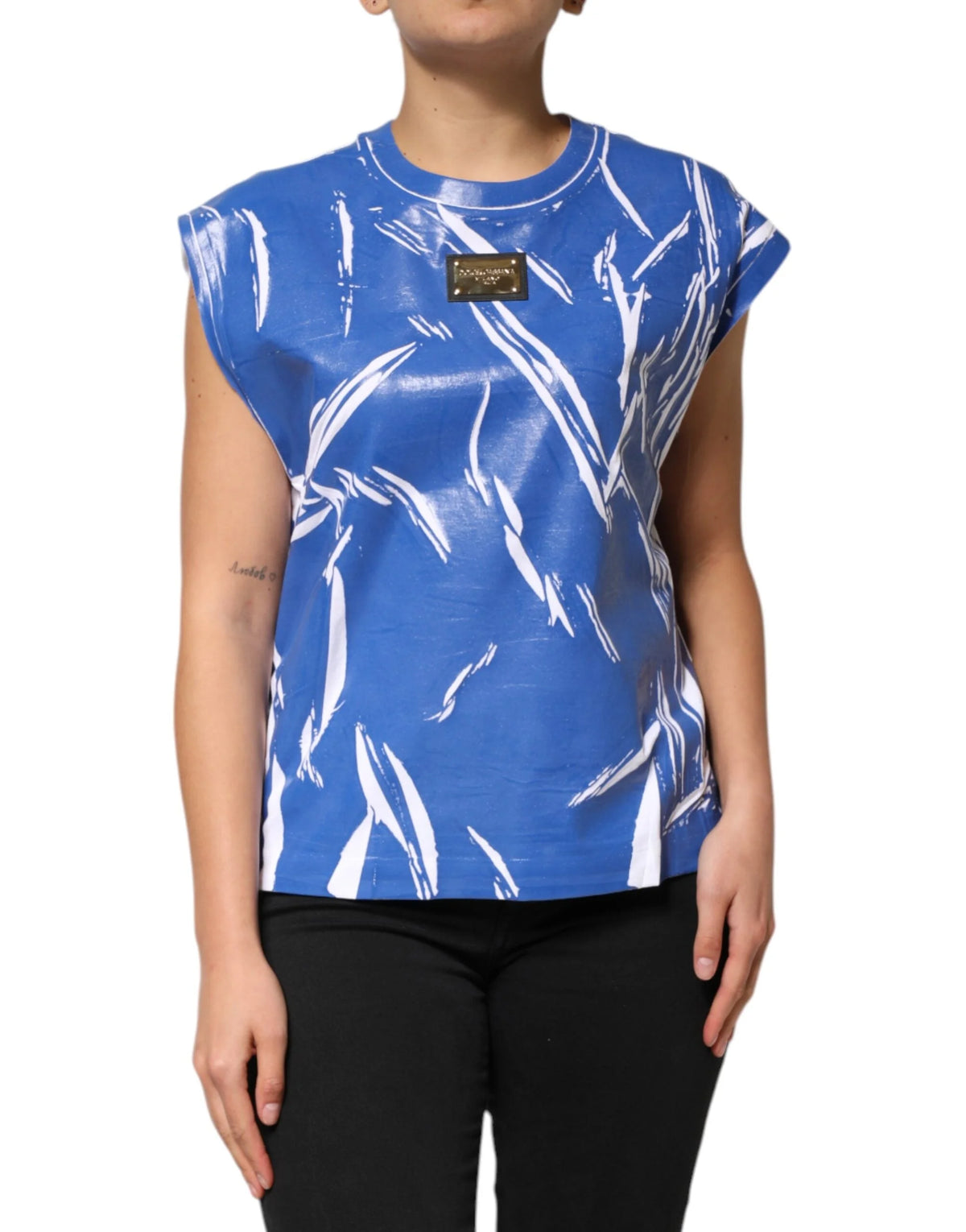 Dolce & Gabbana Blue White Cotton Logo Plaque Women Tank Top - IT42|M - Tank Tops