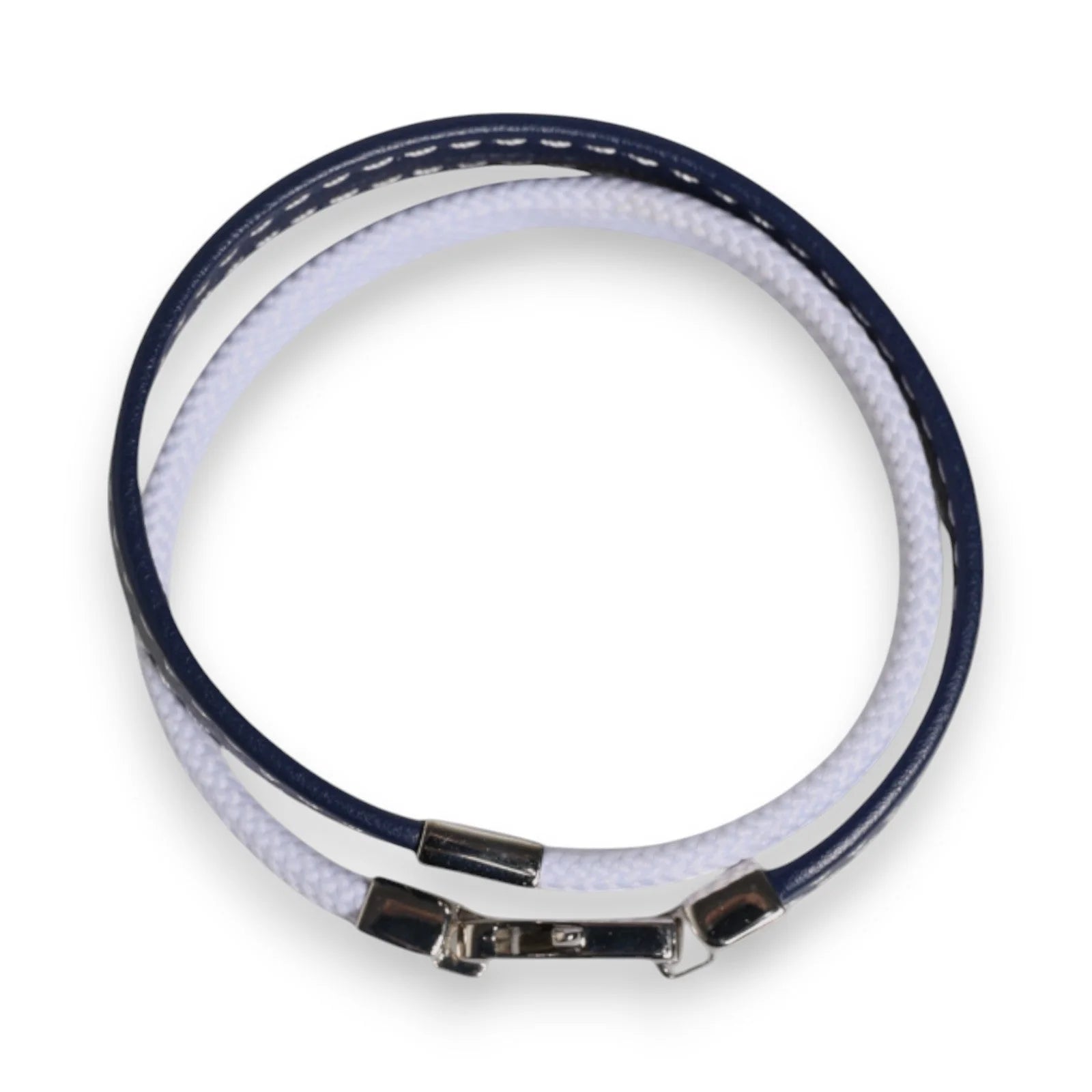 Dolce & Gabbana Blue White Leather Trimmed DG Engraved Silver Tone Clasp Bracelet - Bracelets
