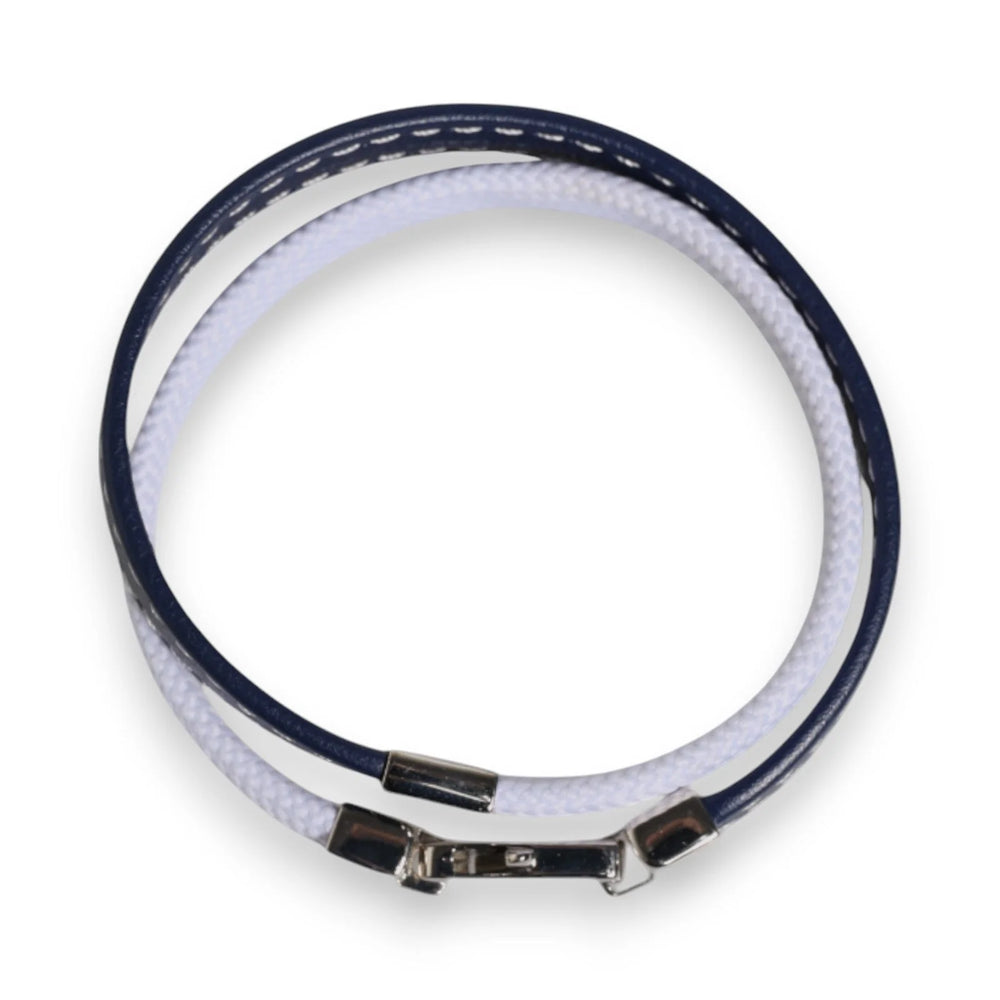 Dolce & Gabbana Blue White Leather Trimmed DG Engraved Silver Tone Clasp Bracelet - Bracelets