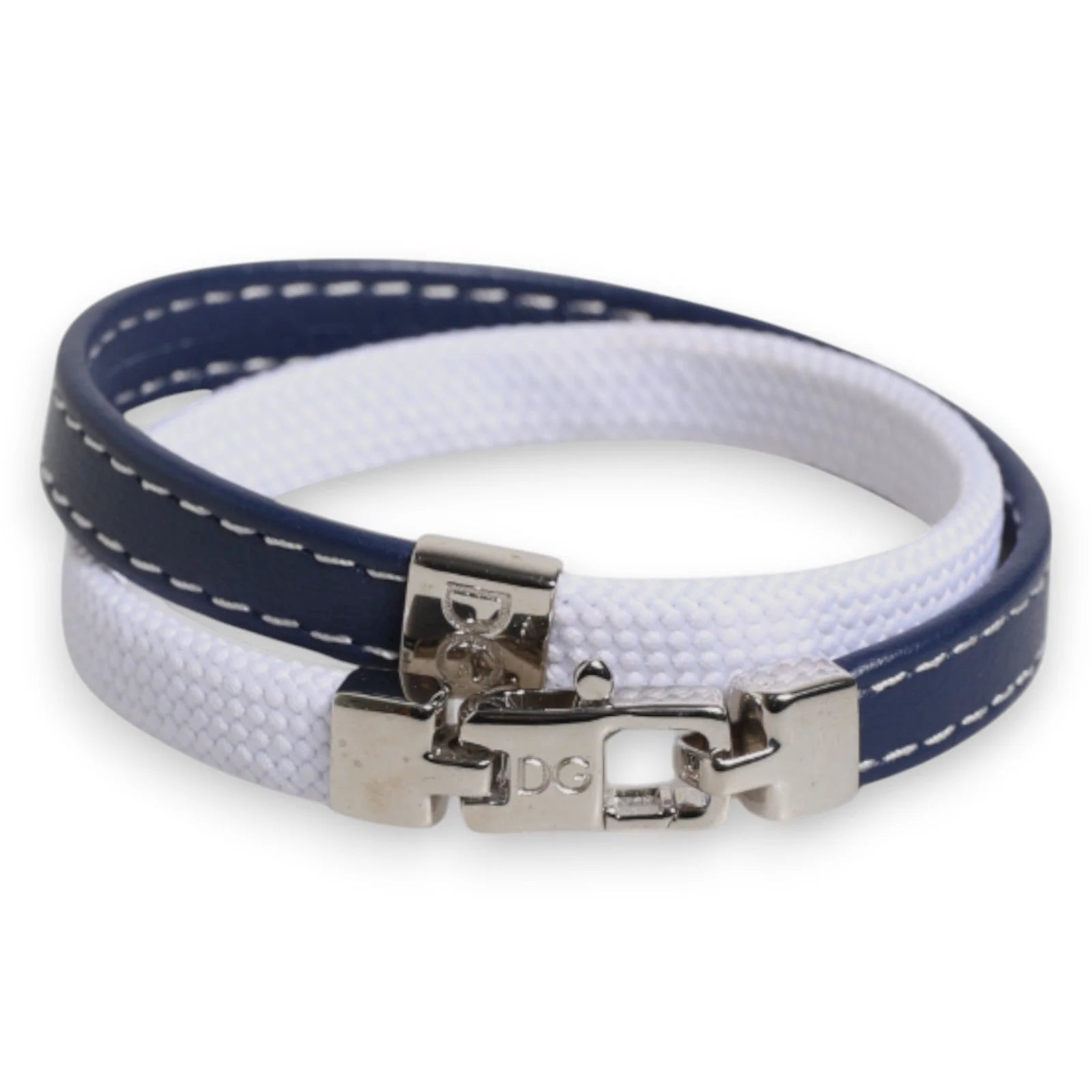 Dolce & Gabbana Blue White Leather Trimmed DG Engraved Silver Tone Clasp Bracelet - Bracelets