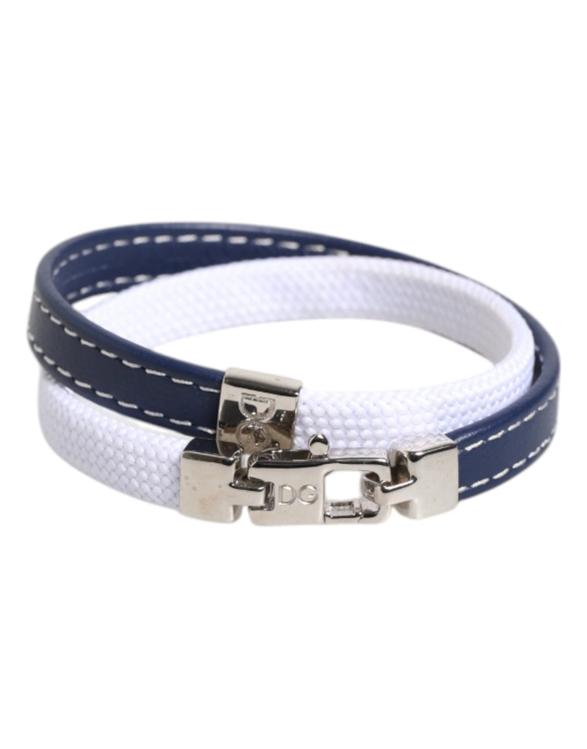 Dolce & Gabbana Blue White Leather Trimmed DG Engraved Silver Tone Clasp Bracelet - Bracelets