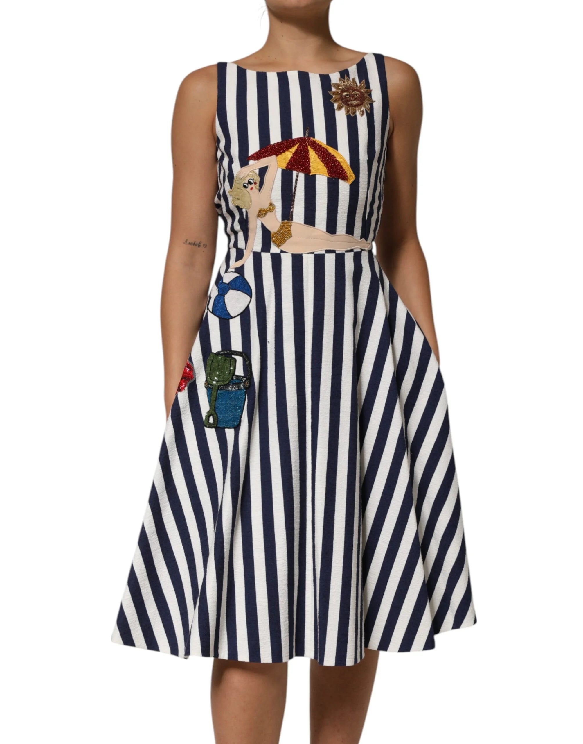 Dolce & Gabbana Blue White Striped Embroidered A-line Dress - Dresses