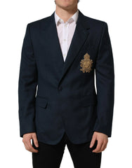 Dolce & Gabbana Blue Wool Logo Single Breasted Coat Blazer - IT54 | XL