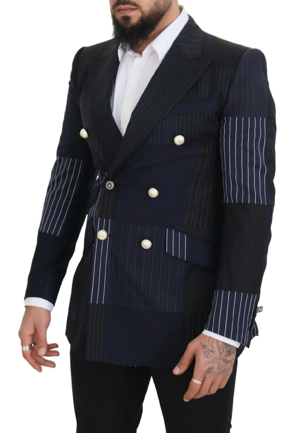 Dolce & Gabbana Blue Wool Patchwork Double Breasted Blazer - IT46 | S - Sport Jackets