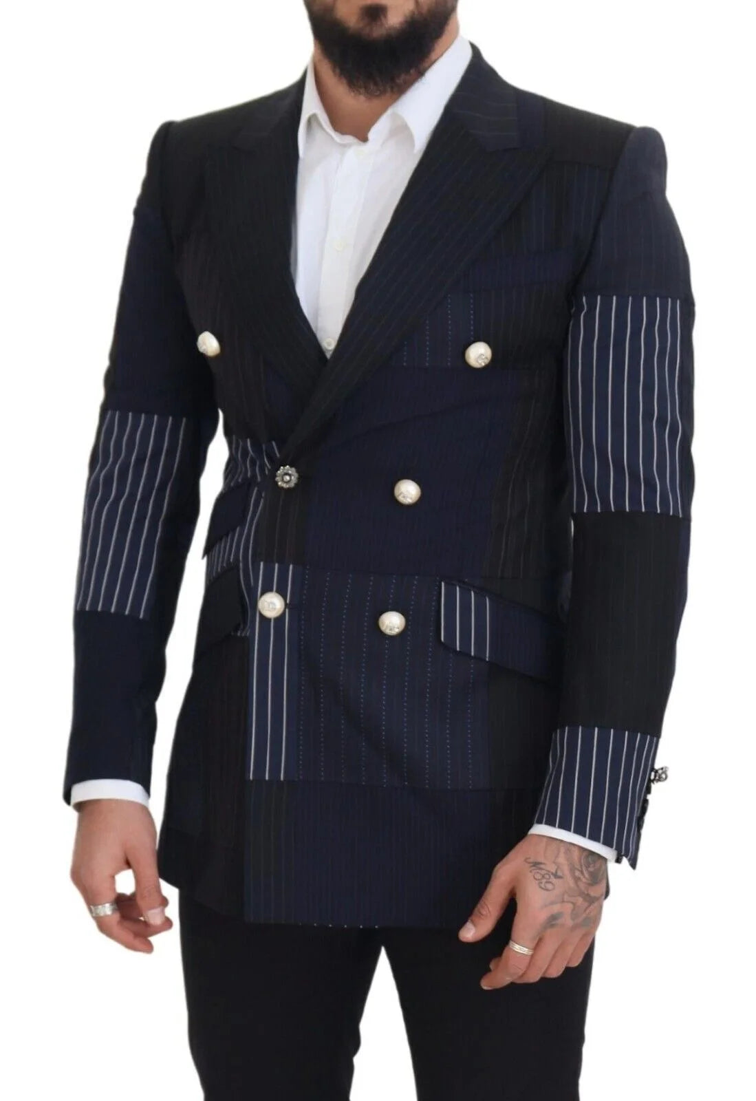 Dolce & Gabbana Blue Wool Patchwork Double Breasted Blazer - IT46 | S - Sport Jackets