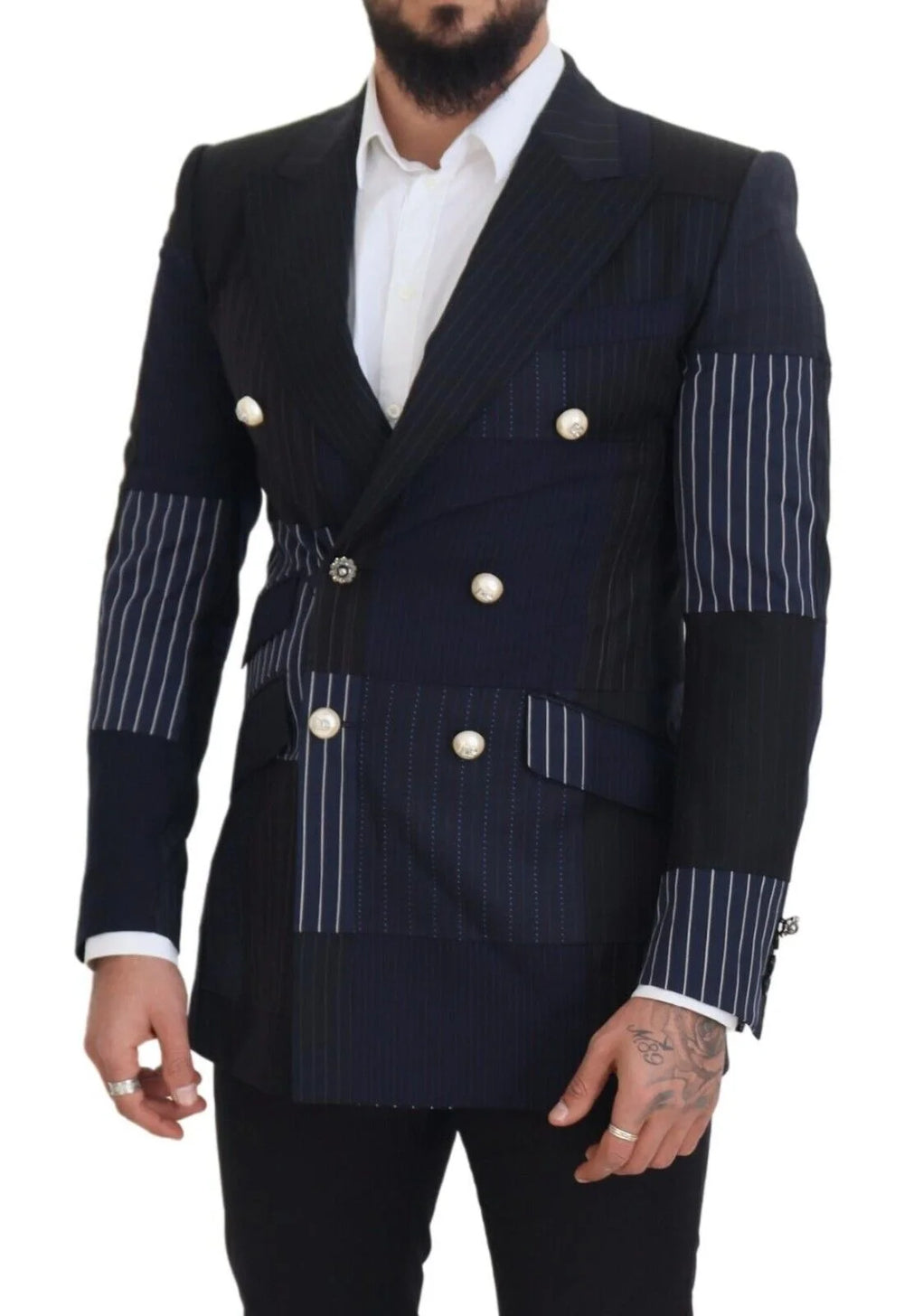 Dolce & Gabbana Blue Wool Patchwork Double Breasted Blazer - IT46 | S - Sport Jackets