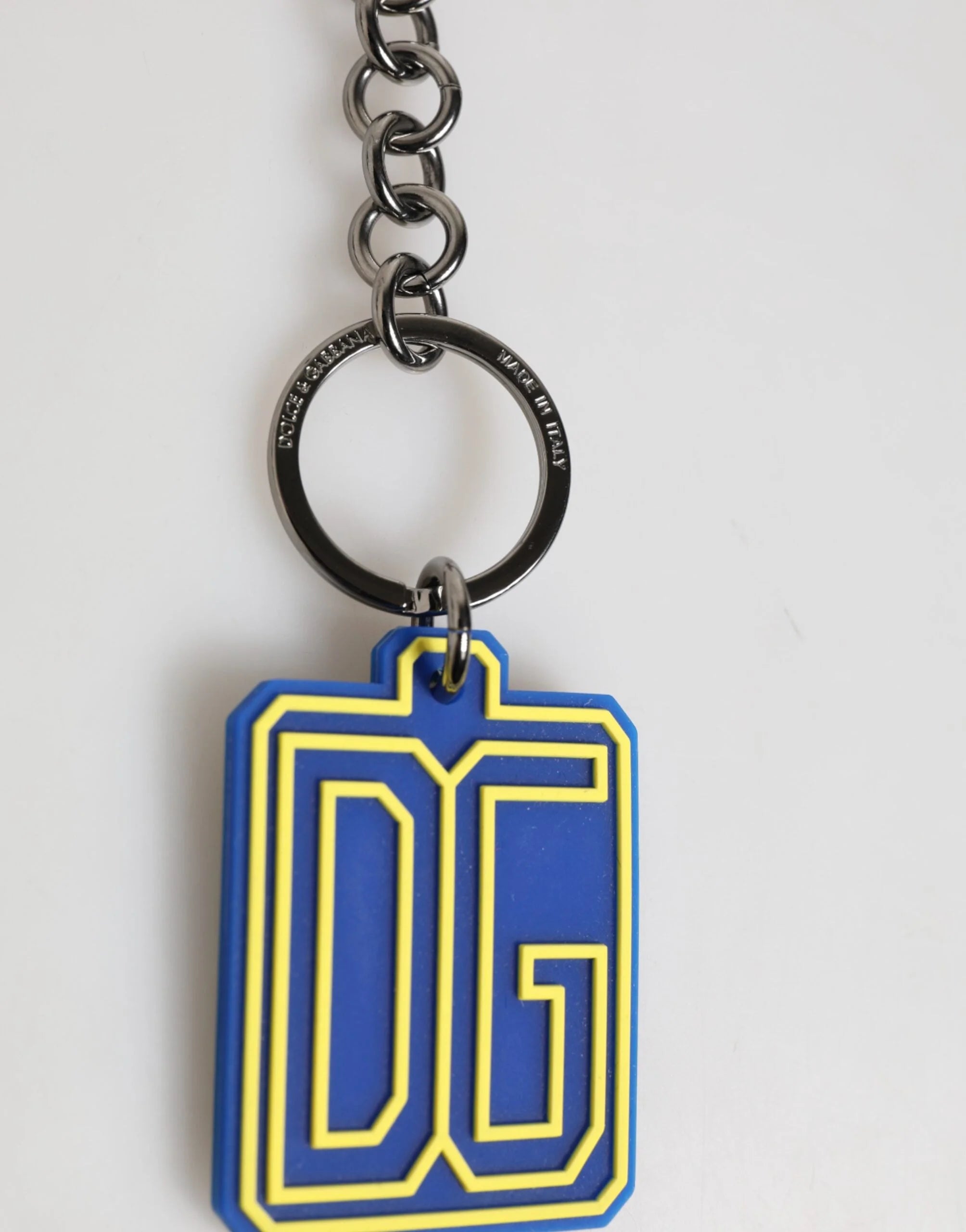Dolce & Gabbana Blue Yellow DG Rubber Logo Silver Men Keychain Keyring - Keychains