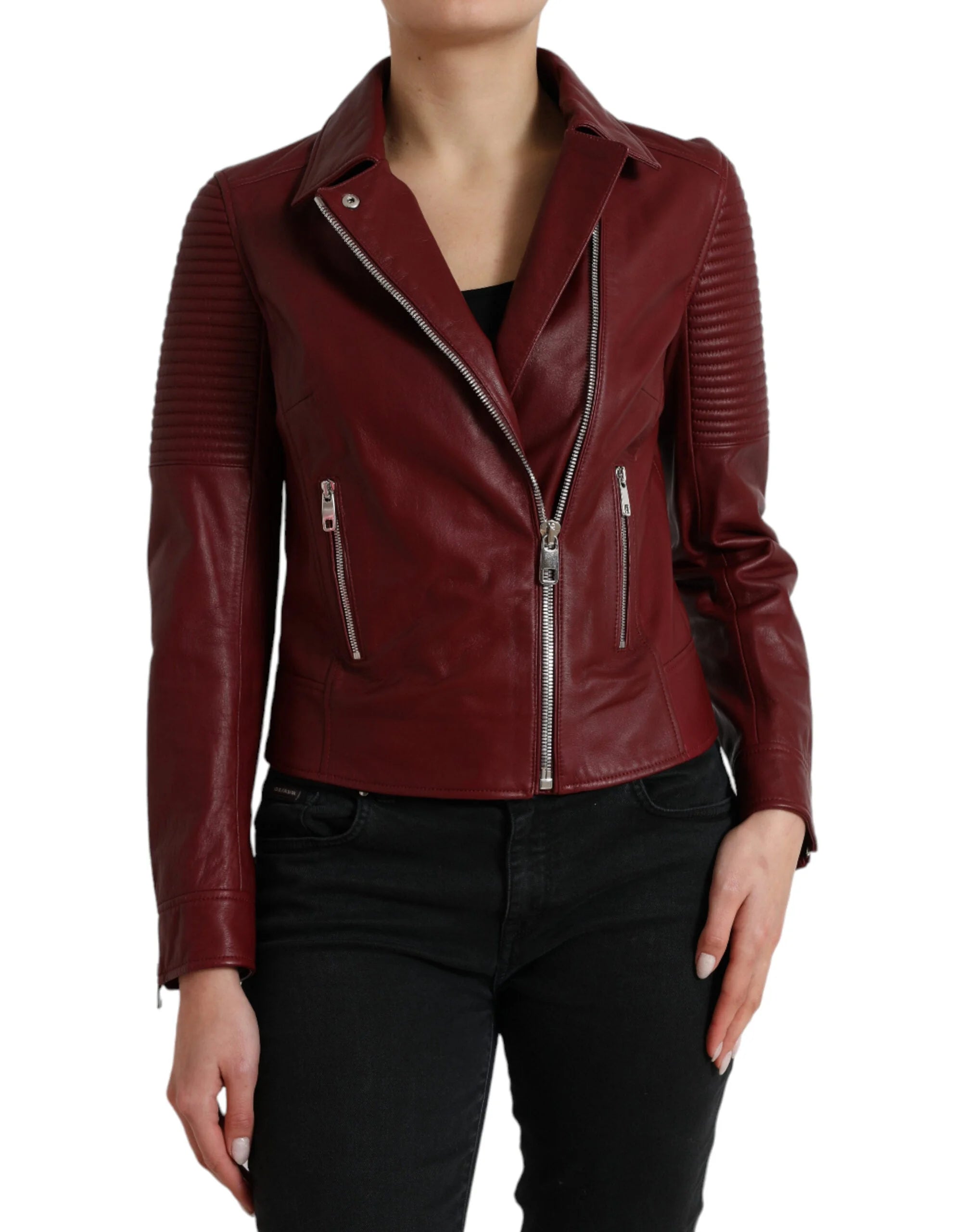 Dolce & Gabbana Bordeaux Leather Biker Coat Lambskin Jacket - IT40|S - Bomber Jackets