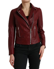 Dolce & Gabbana Bordeaux Leather Biker Coat Lambskin Jacket - IT40|S - Bomber Jackets