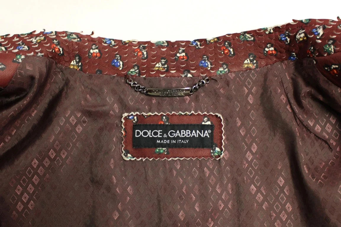 Dolce & Gabbana Bordeaux Leather Boxer Print Jacket Coat - IT48 | M - Sport Jackets
