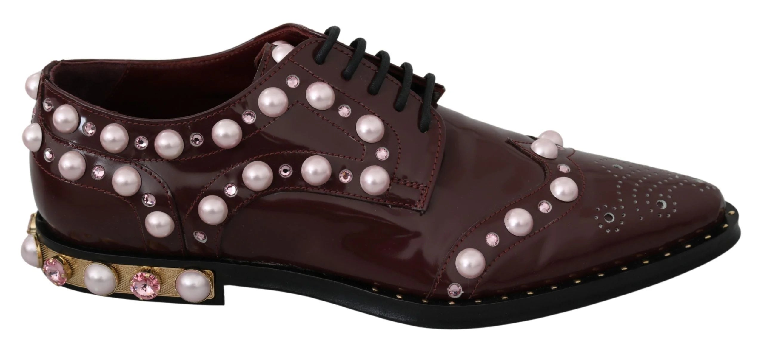 Dolce & Gabbana Bordeaux Leather Crystal Pearls Formal Shoes - EU39/US8.5