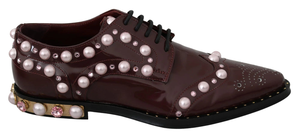 Dolce & Gabbana Bordeaux Leather Crystal Pearls Formal Shoes - EU39/US8.5