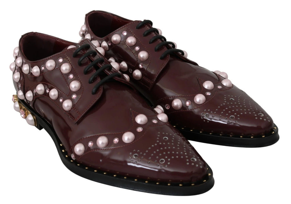 Dolce & Gabbana Bordeaux Leather Crystal Pearls Formal Shoes - EU39/US8.5