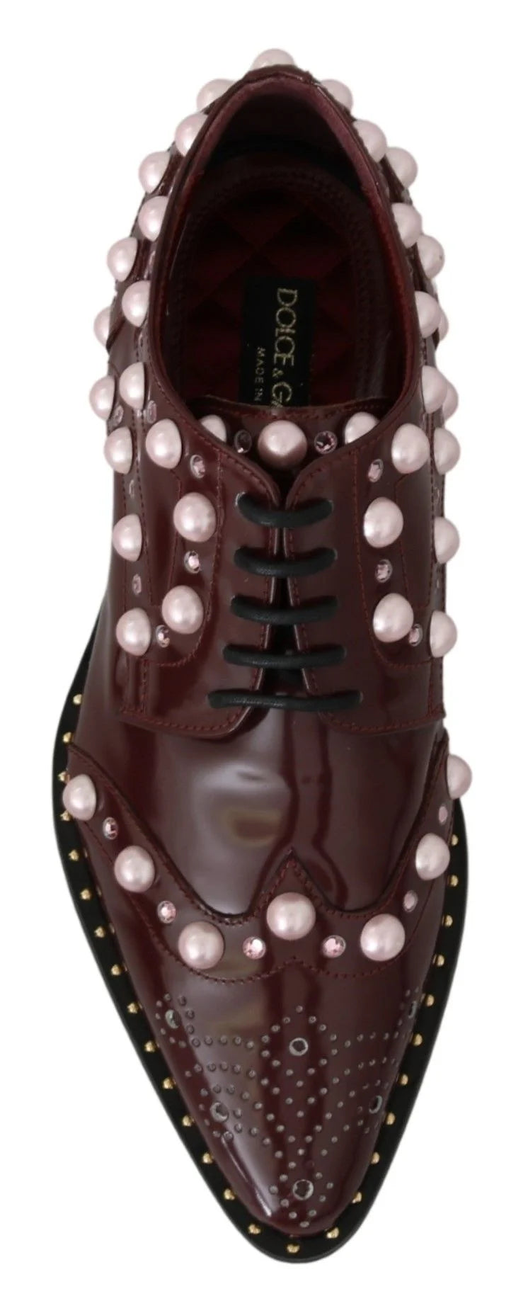 Dolce & Gabbana Bordeaux Leather Crystal Pearls Formal Shoes - EU39/US8.5
