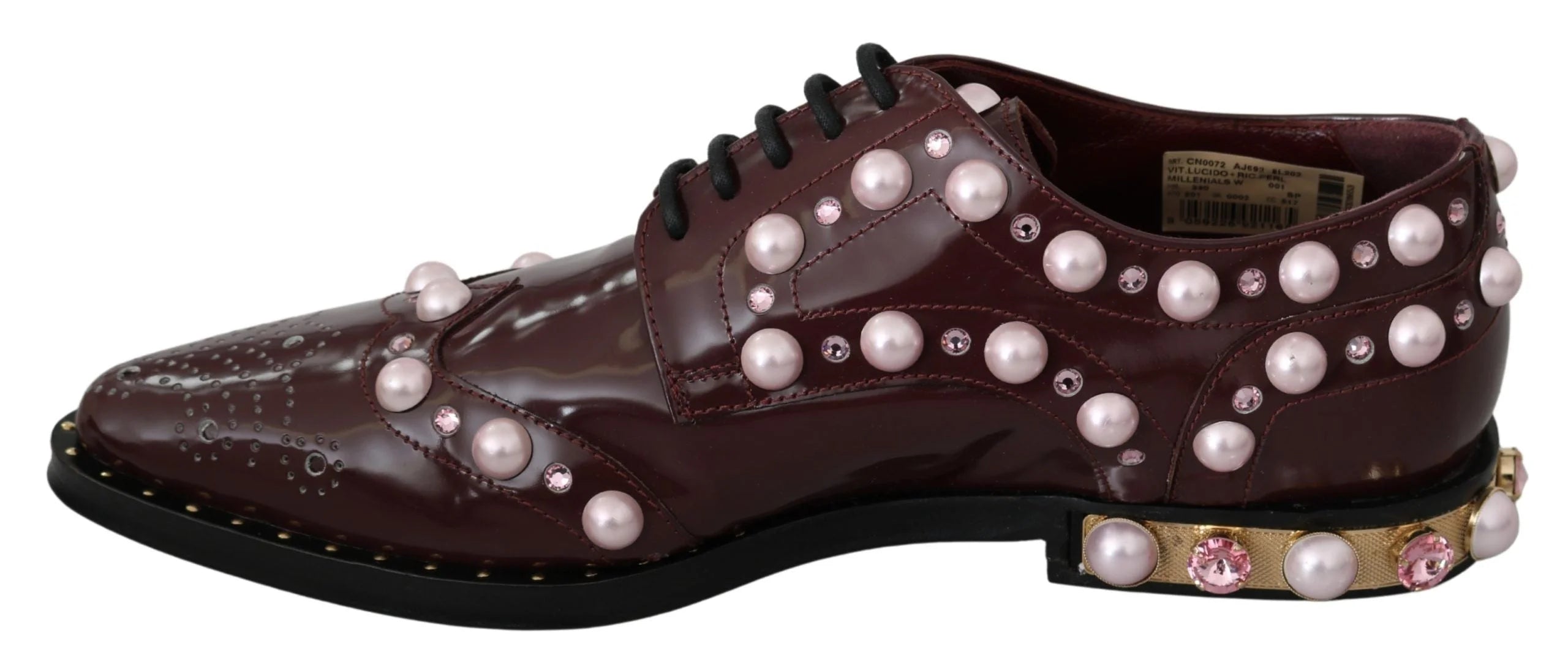 Dolce & Gabbana Bordeaux Leather Crystal Pearls Formal Shoes - EU39/US8.5