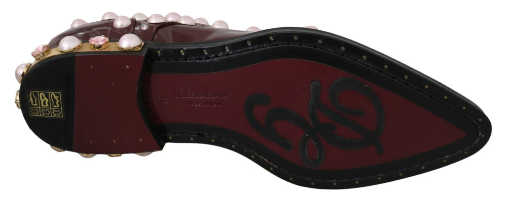 Dolce & Gabbana Bordeaux Leather Crystal Pearls Formal Shoes - EU39/US8.5